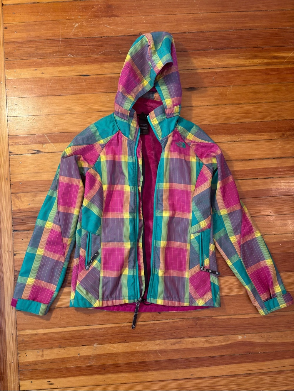 The North Face Plaid Hooded Jacket - Teal, Pink & Yellow